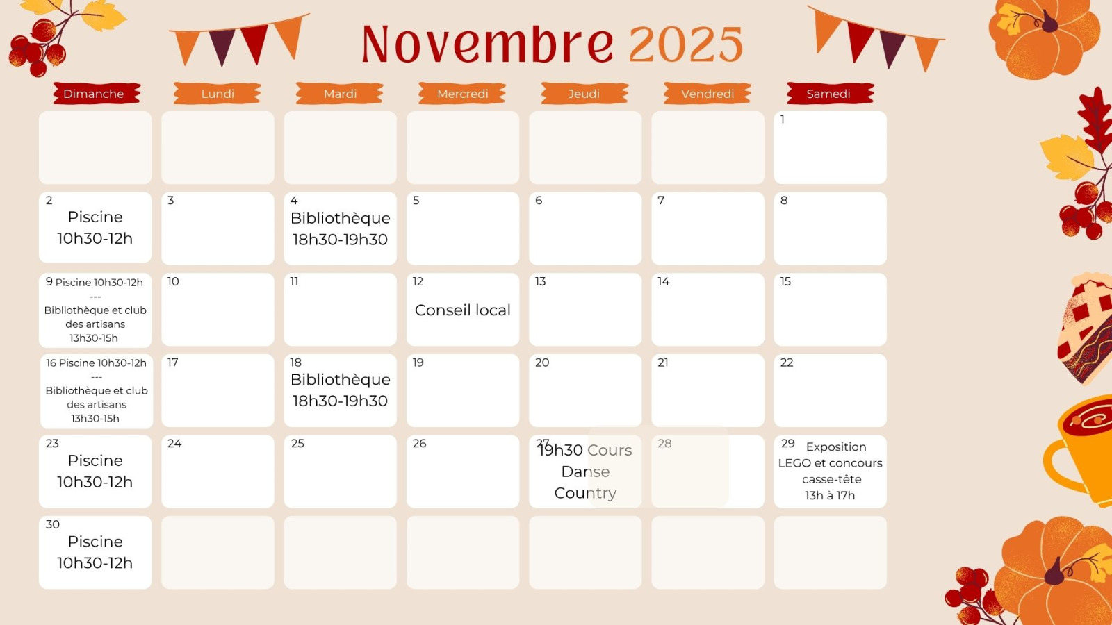 Calendrier d'activités de novembre à Radisson